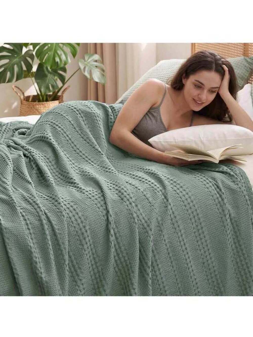 Cooling Waffle Blanket, Twin Size, Sage Slate, Bamboo & Cotton, New in Box